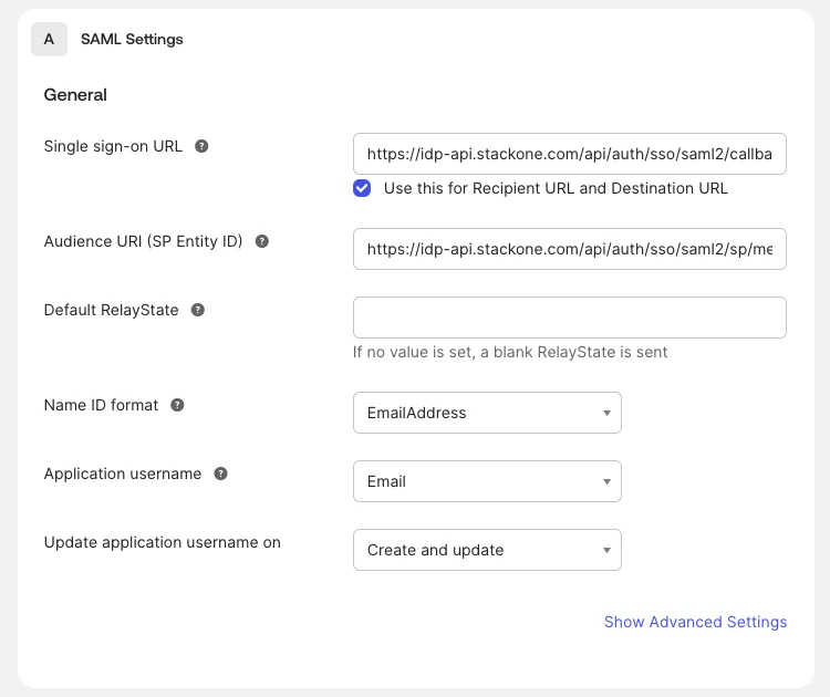 Okta SAML settings configured with StackOne ACS URL and Entity ID