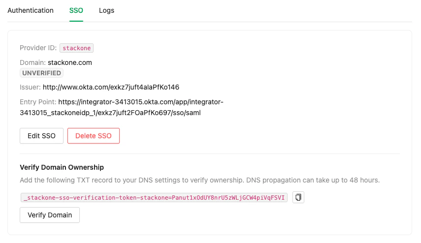 SSO provider card showing configuration details and verification status