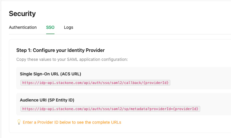 SSO setup step 1 showing ACS URL and SP Entity ID fields