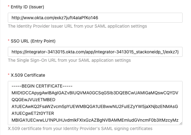 SSO setup step 2 showing fields to enter identity provider values