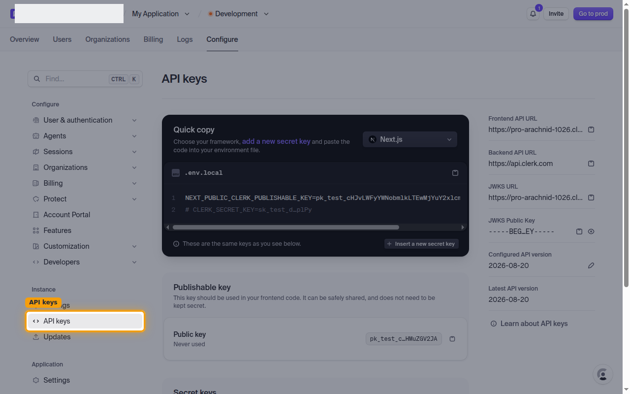The Configure sidebar with the API keys page highlighted under Instance