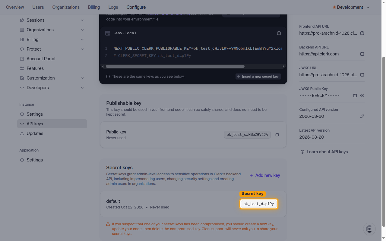 The Secret keys section with the default key value highlighted