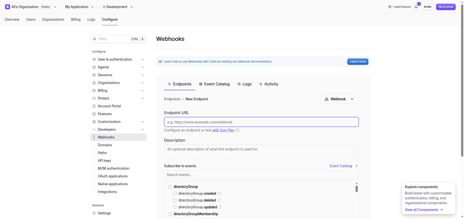 The Clerk Add Endpoint form with the Endpoint URL field and event checklist