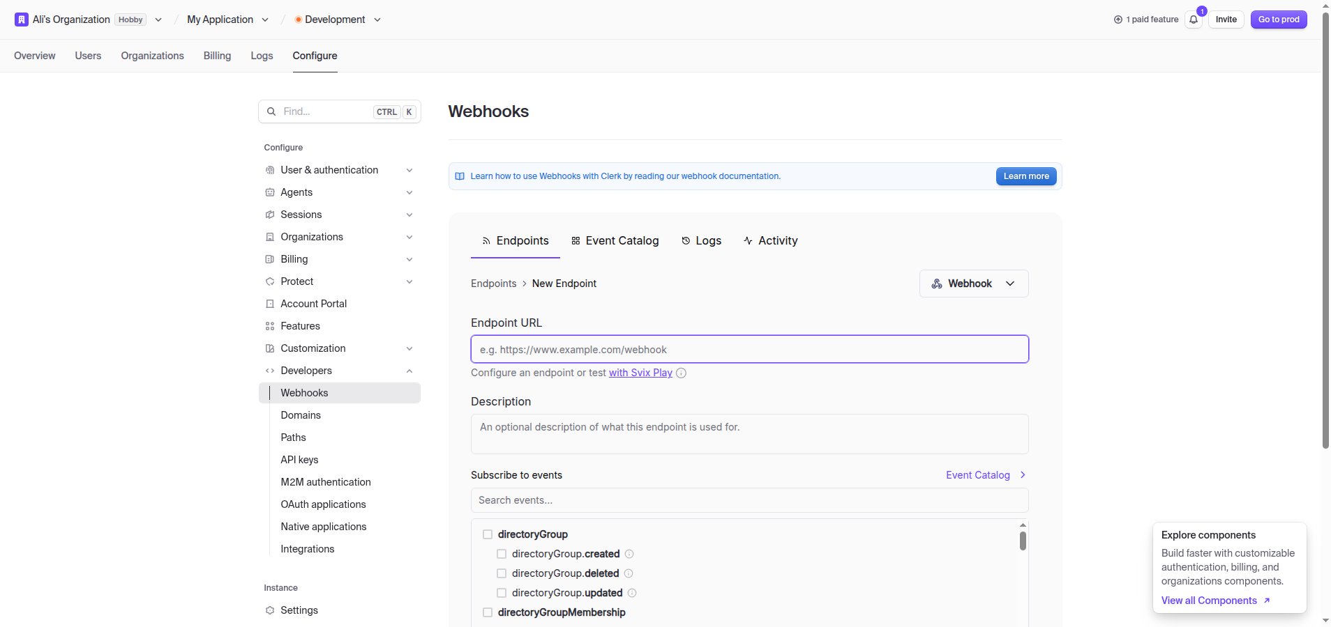 The Clerk Add Endpoint form with the Endpoint URL field and event checklist