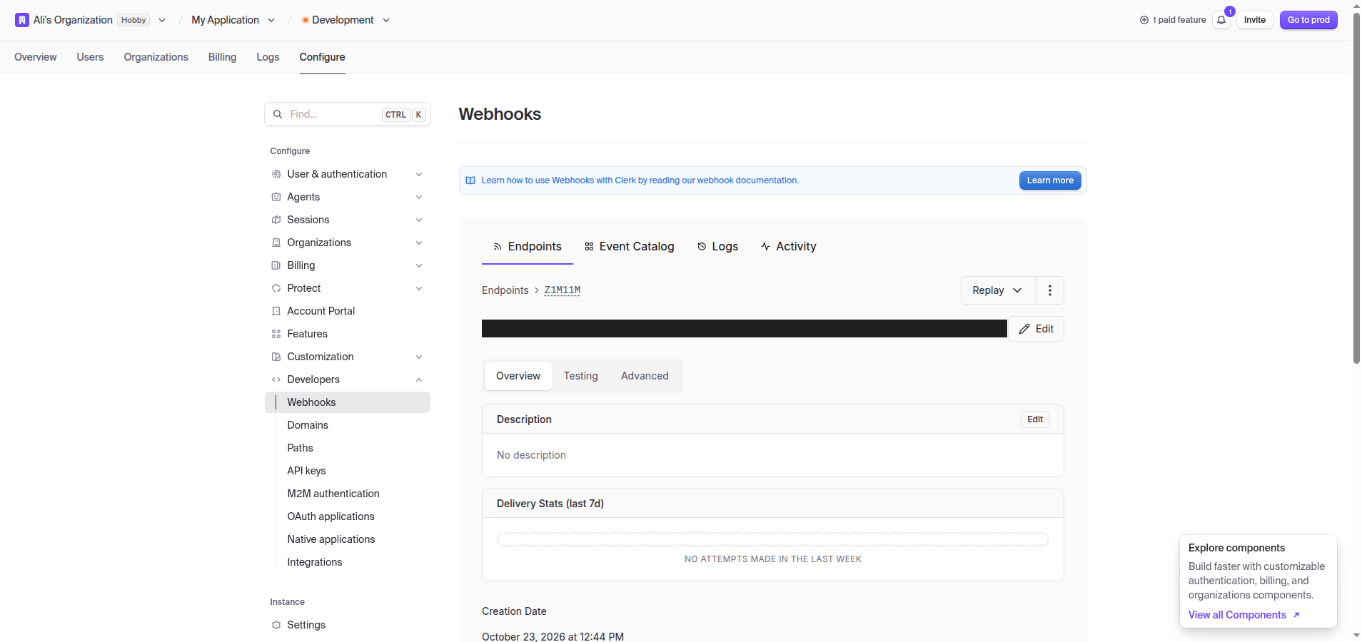 The created Clerk webhook endpoint showing its URL and subscribed events