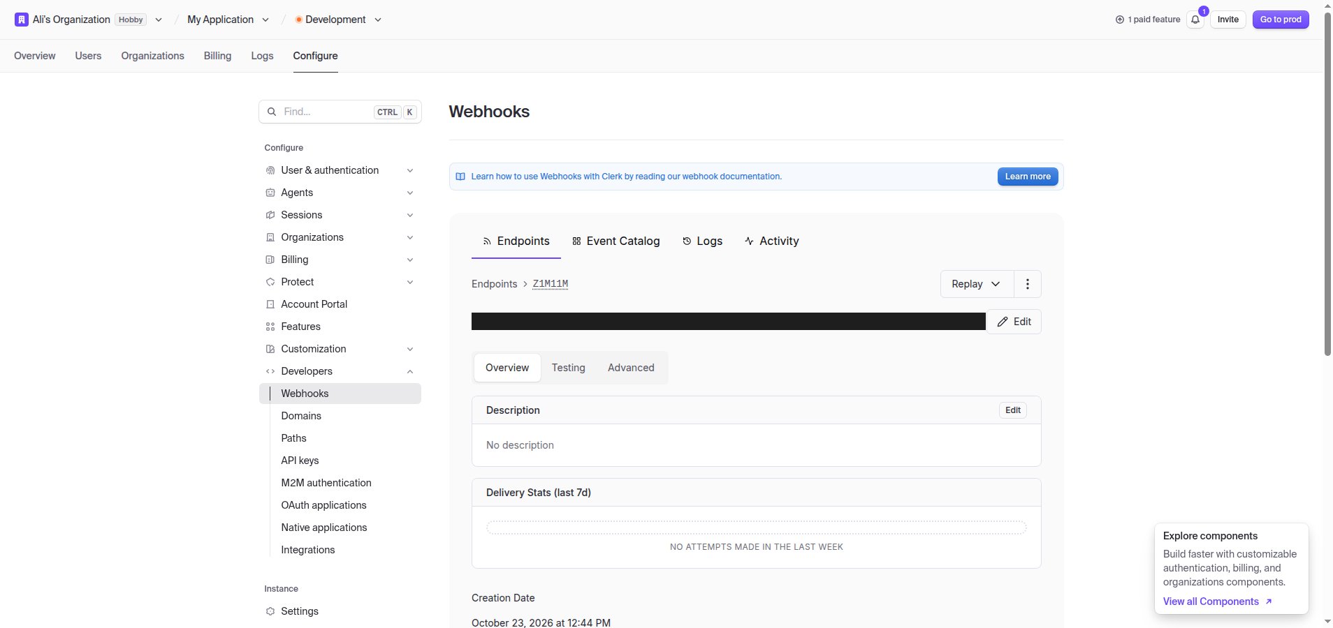 The created Clerk webhook endpoint showing its URL and subscribed events