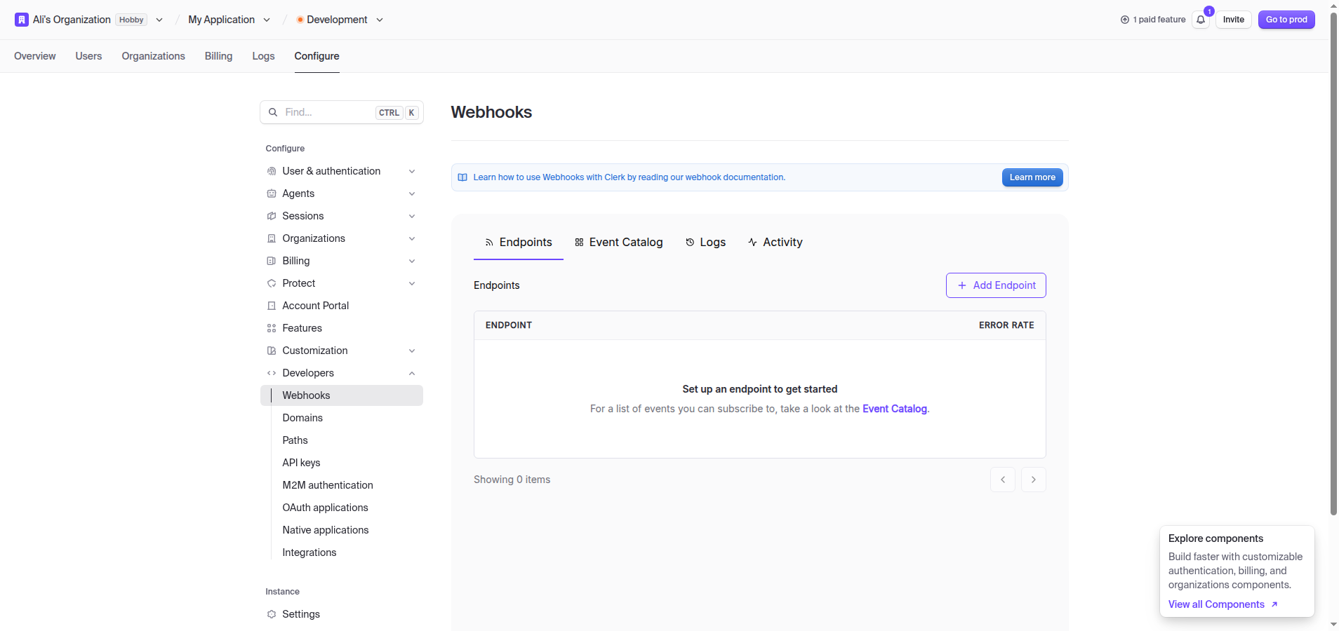 The Clerk Dashboard Webhooks page showing an empty endpoint list and the Add Endpoint button
