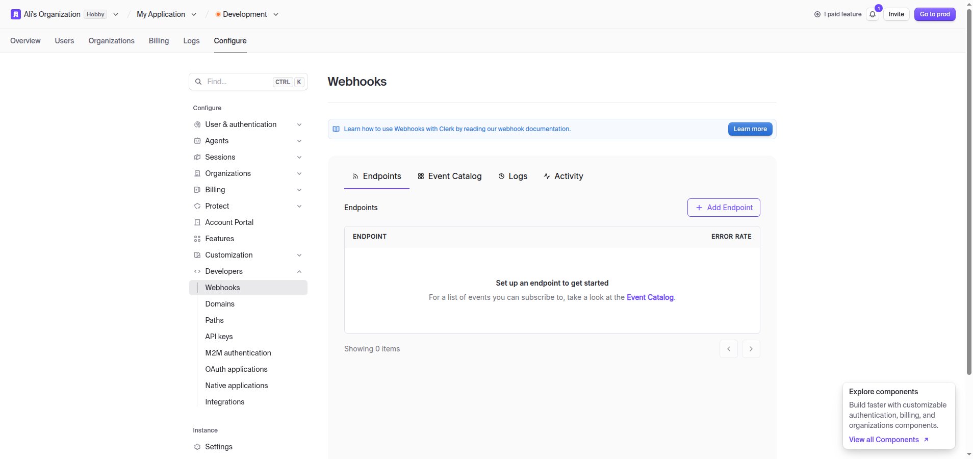 The Clerk Dashboard Webhooks page showing an empty endpoint list and the Add Endpoint button