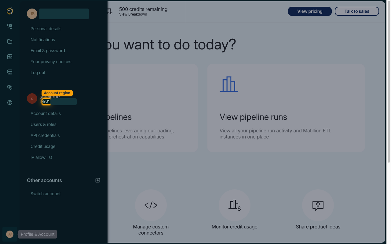 Profile & Account menu with the account region badge highlighted next to the account name