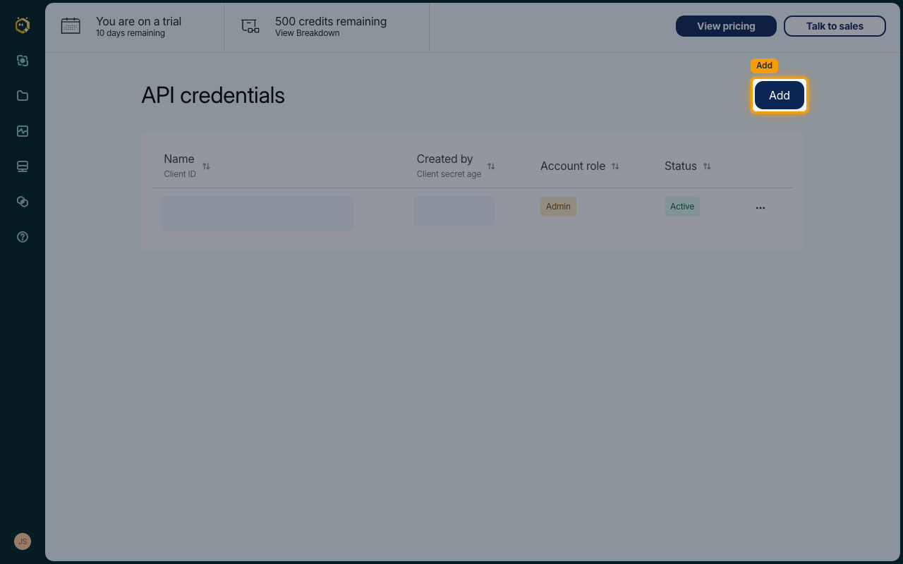 API credentials page with the Add button highlighted