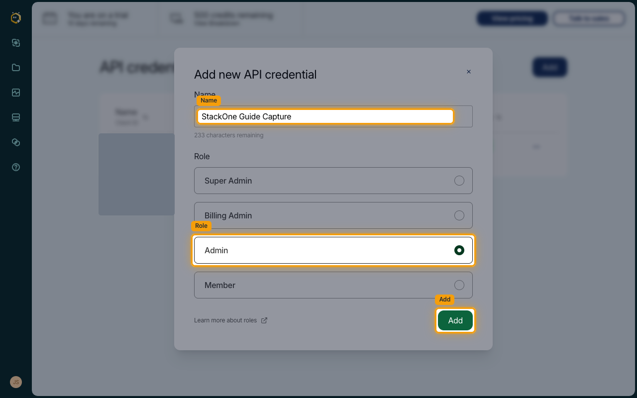 Add new API credential dialog with the Name field, the Admin role option, and the Add button highlighted