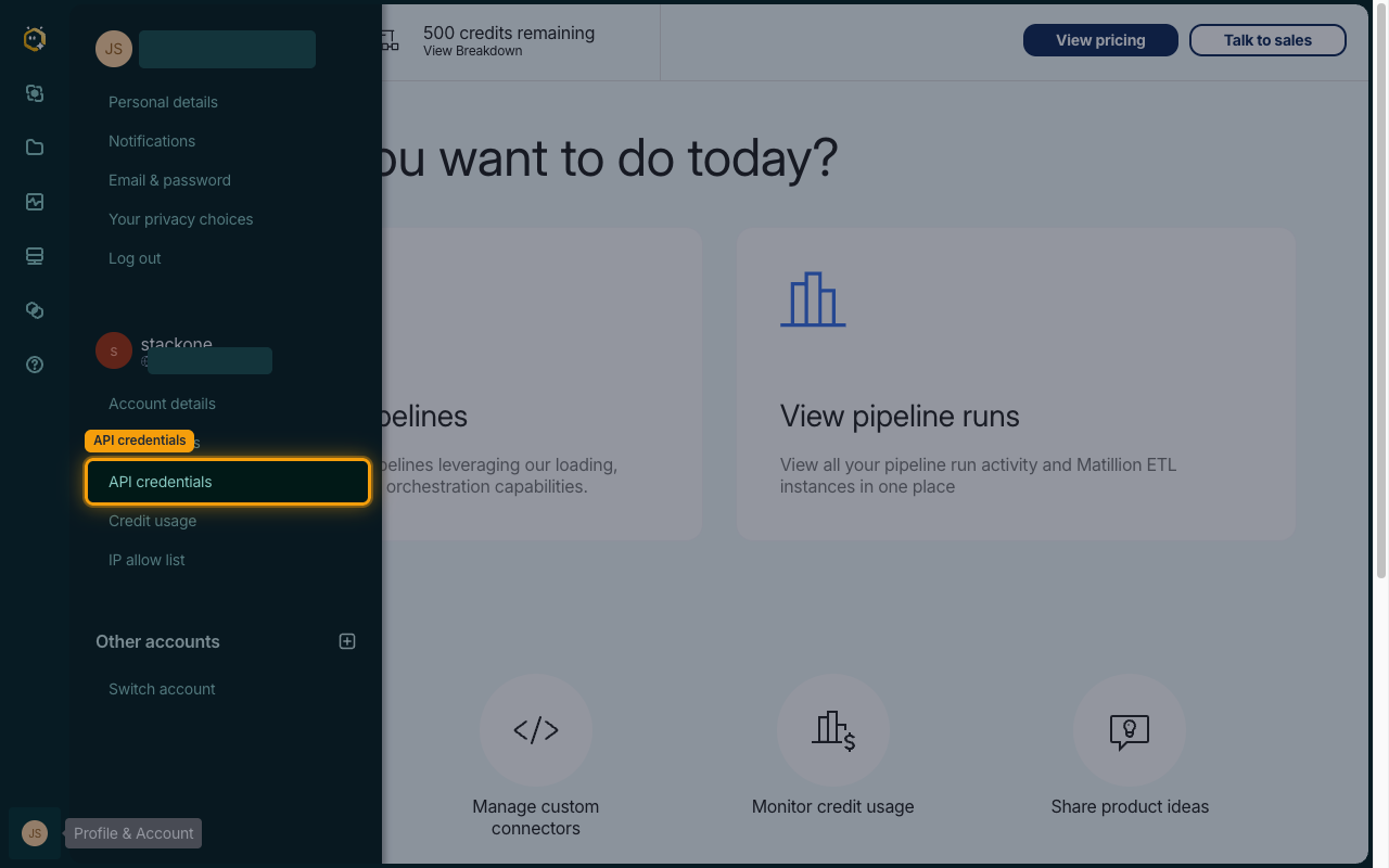Profile & Account menu open with the API credentials item highlighted