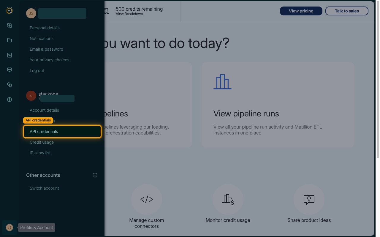 Profile & Account menu open with the API credentials item highlighted