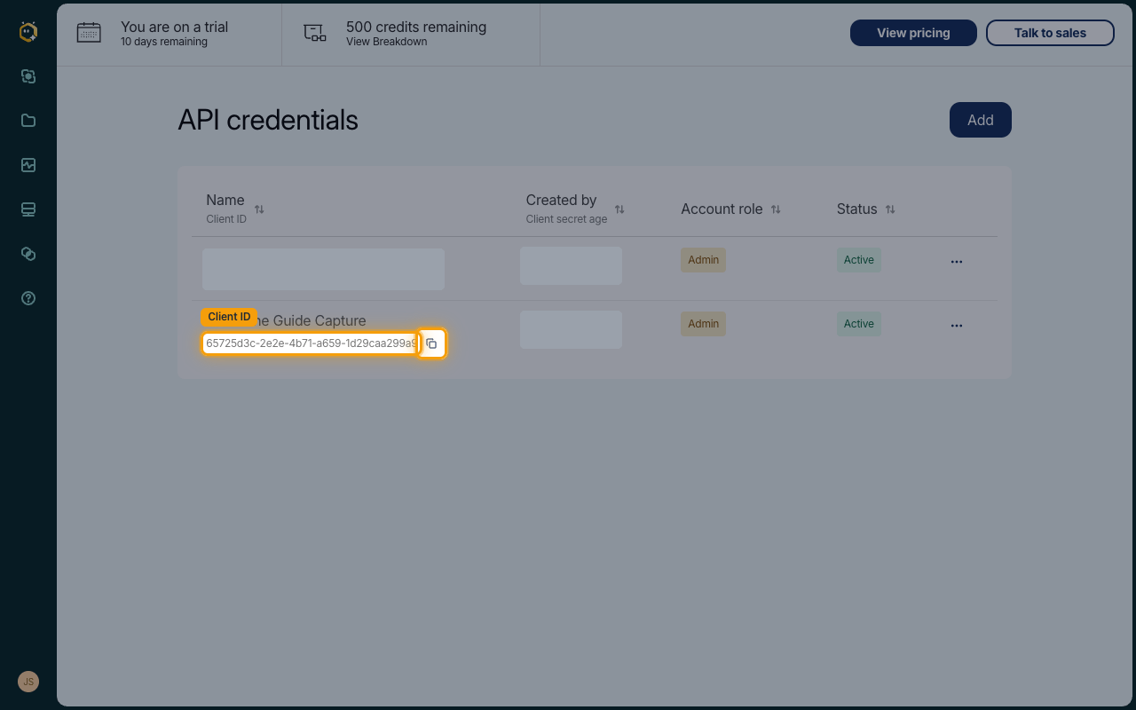 API credentials list with the new credential's Client ID and its copy button highlighted