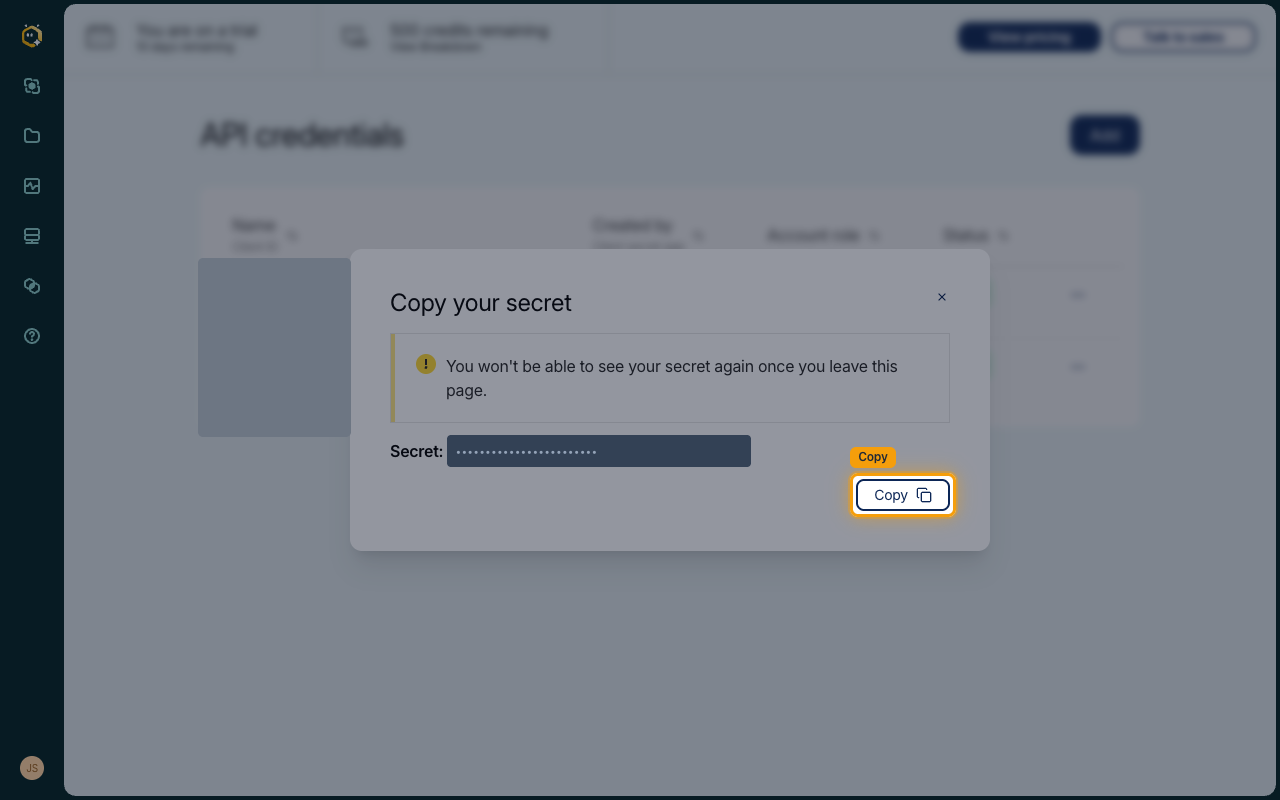 Copy your secret dialog with the secret value redacted and the Copy button highlighted