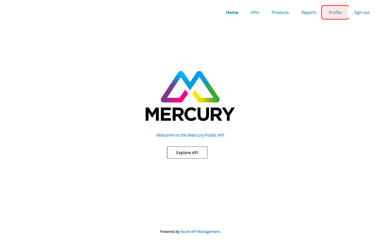 Mercury developer portal home page with the Profile link highlighted in the top-right navigation