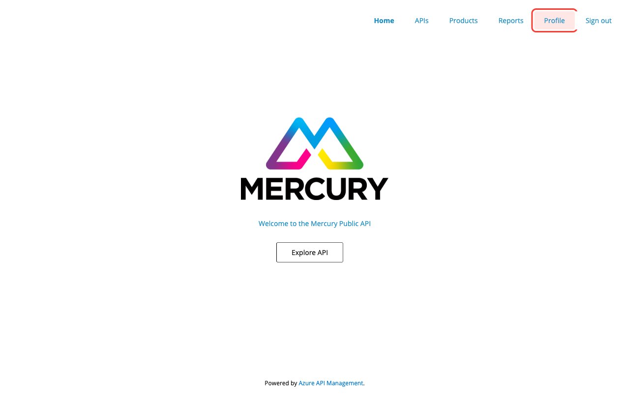 Mercury developer portal home page with the Profile link highlighted in the top-right navigation