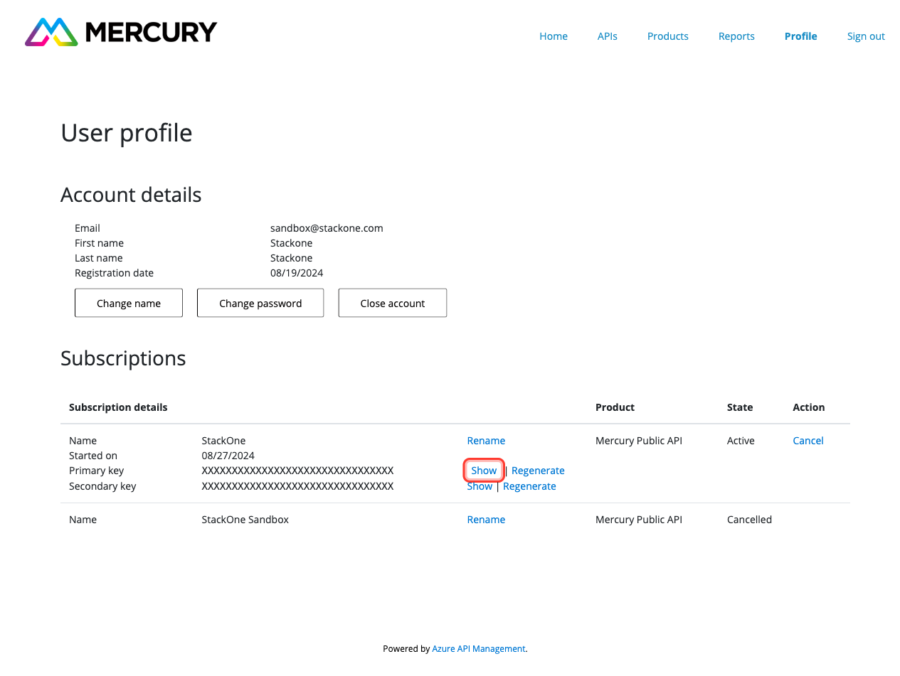 Subscriptions section with the Show button on the Primary key row highlighted