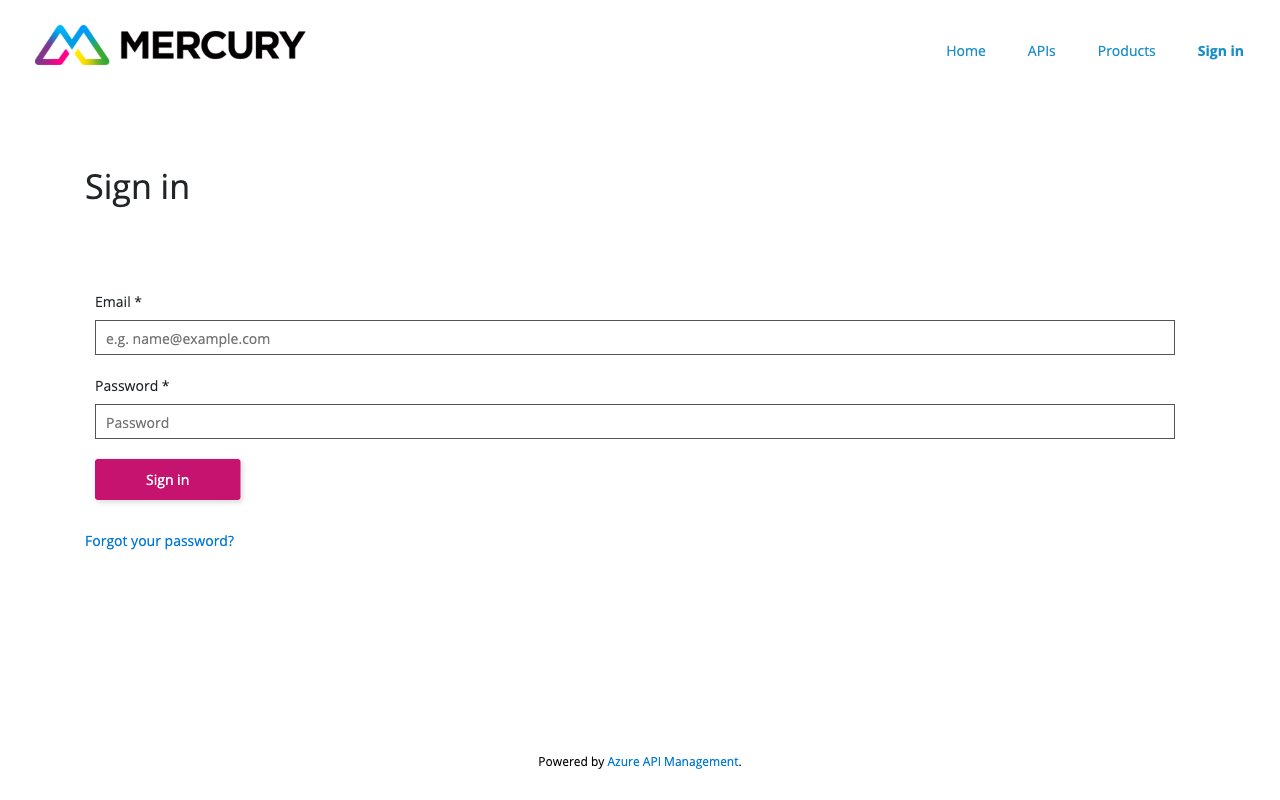 Mercury Public API developer portal sign-in page with the Email and Password fields and the Sign in button