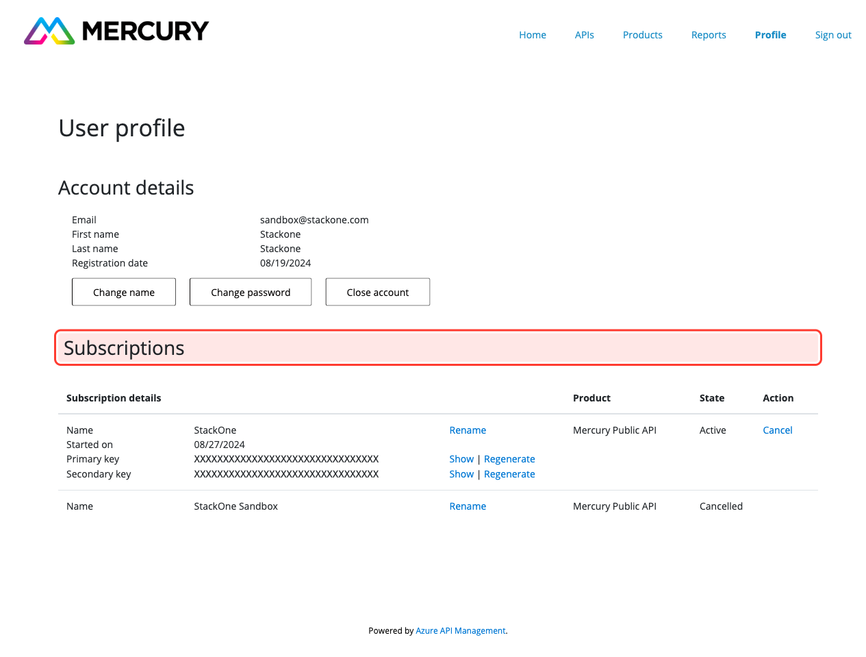 User profile page with the Subscriptions section highlighted showing the Mercury Public API row