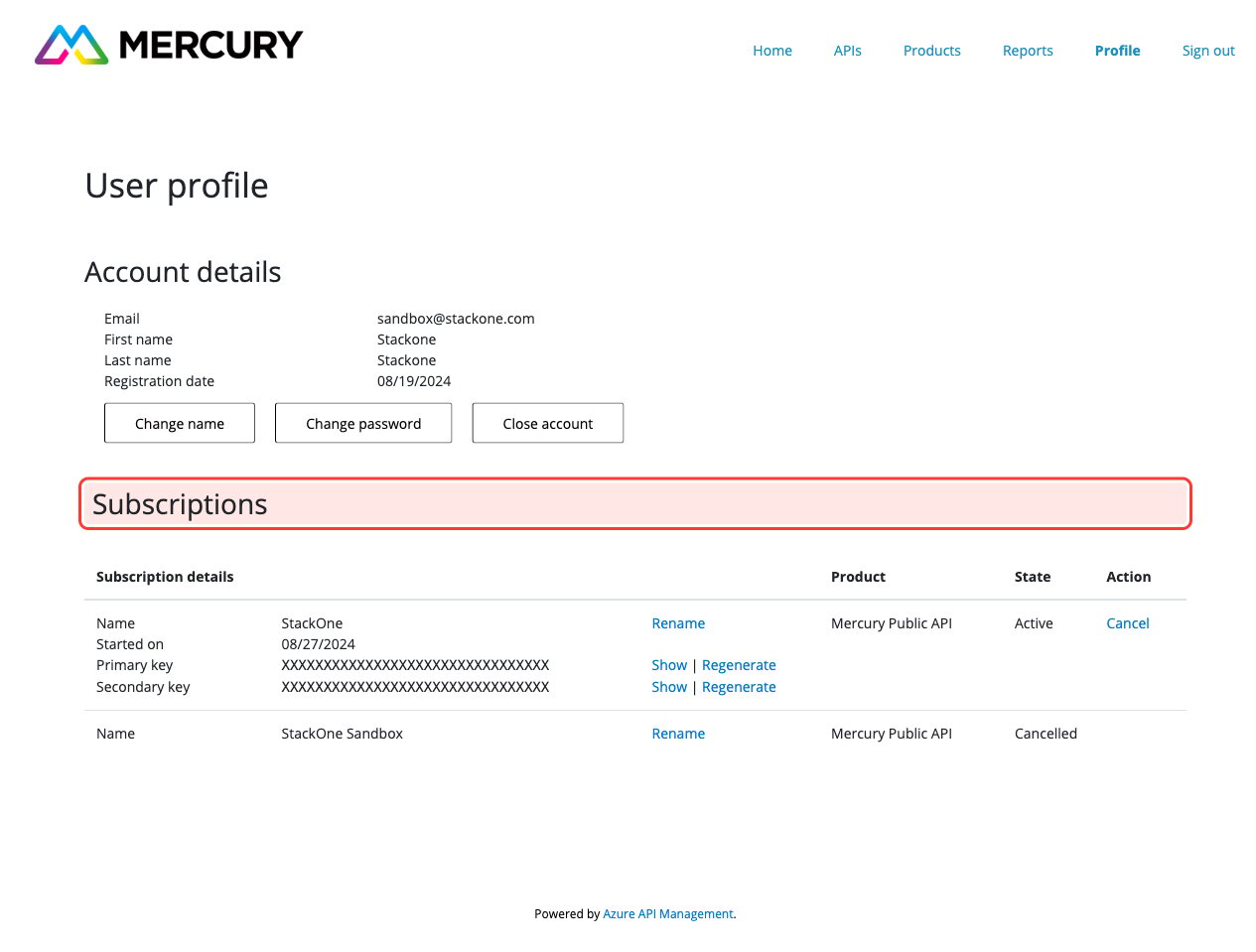 User profile page with the Subscriptions section highlighted showing the Mercury Public API row