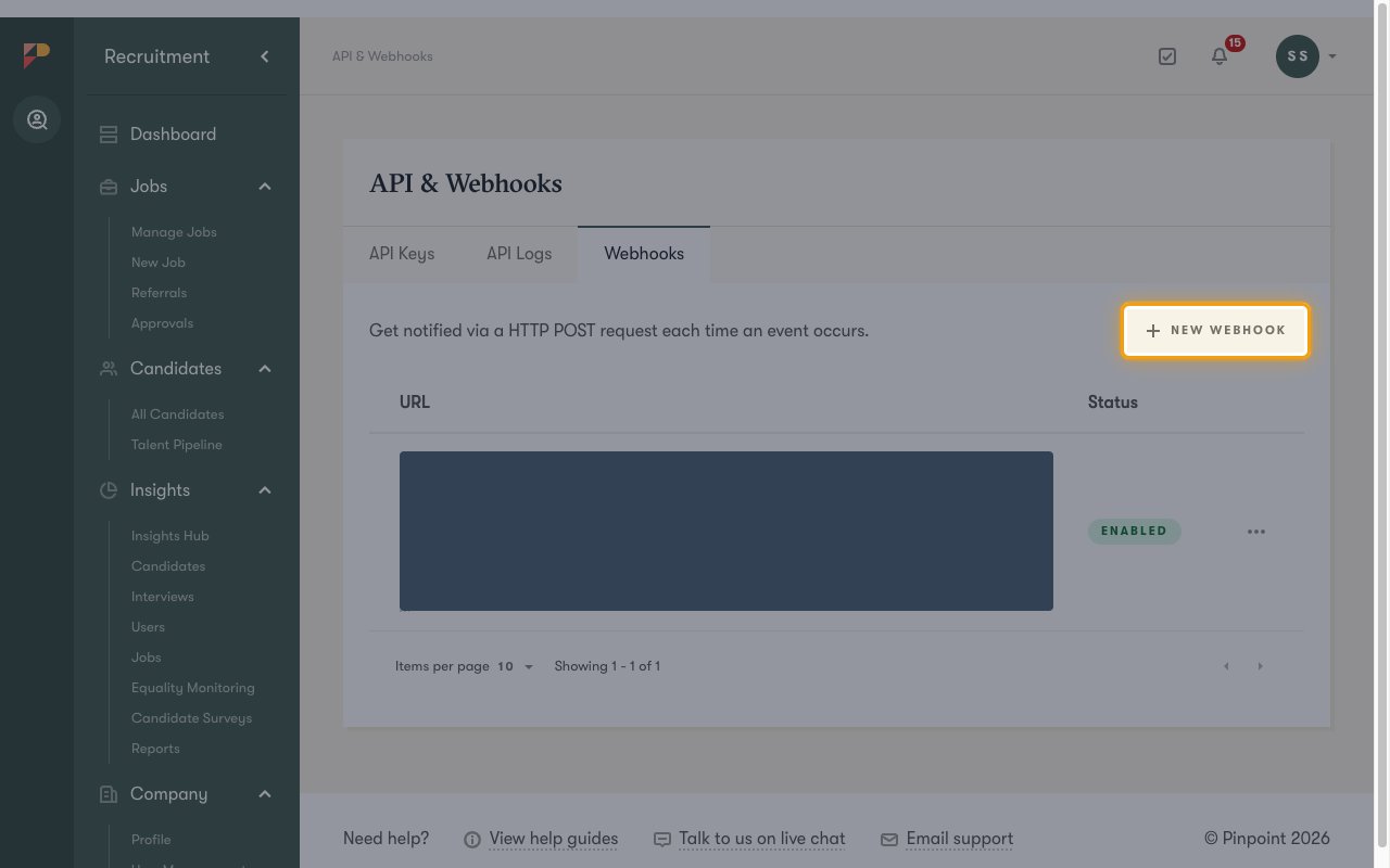 Webhooks tab with the New webhook button highlighted