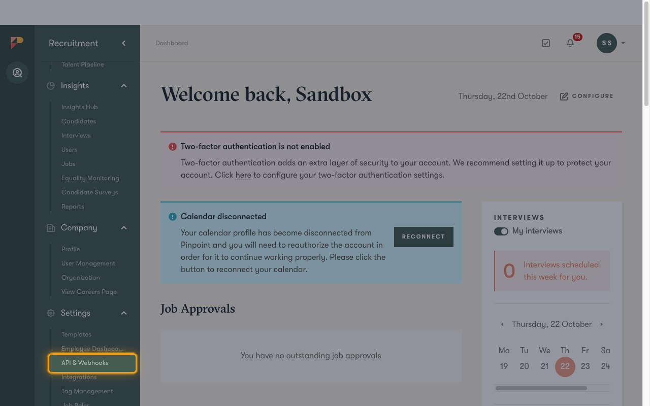 Pinpoint sidebar with API & Webhooks highlighted under Settings