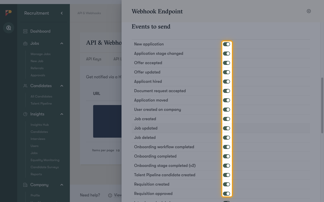 Webhook Endpoint panel with the Events to send toggles highlighted
