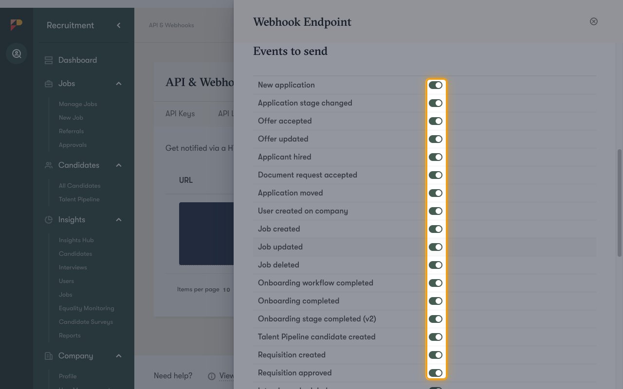 Webhook Endpoint panel with the Events to send toggles highlighted