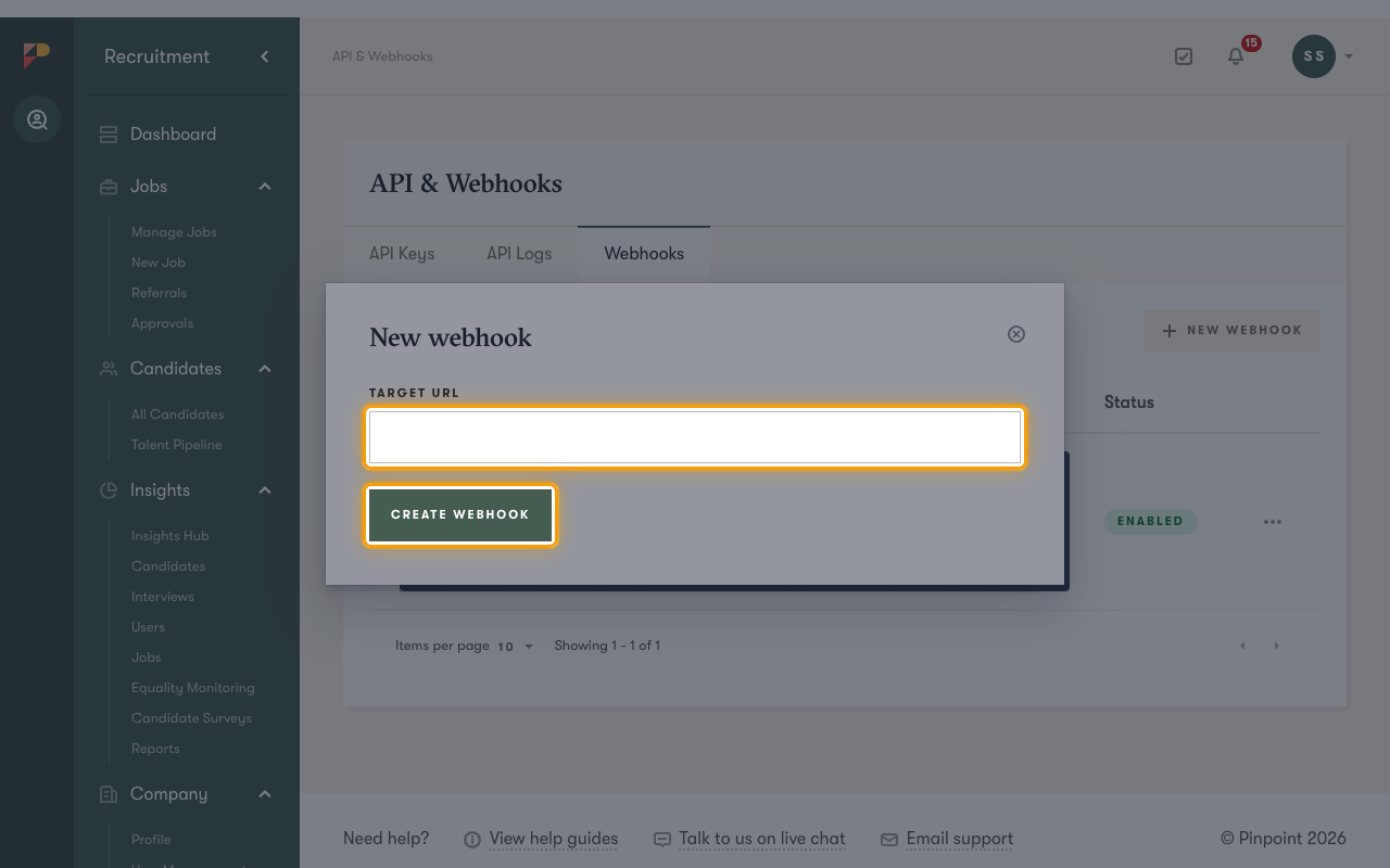 New webhook dialog with the Target URL field and Create webhook button highlighted