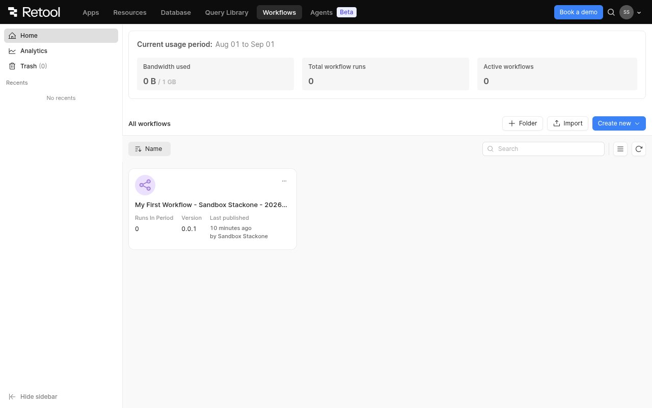Retool Workflows home with the Create new button