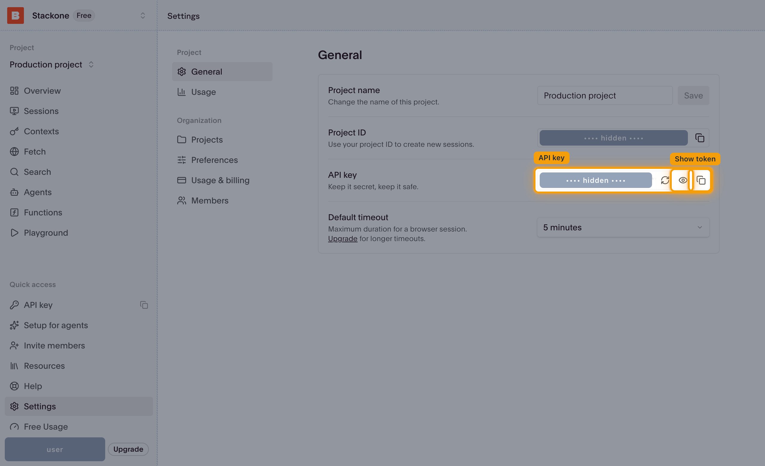 The Settings General page with the API key field, the Show token button, and the copy button highlighted.