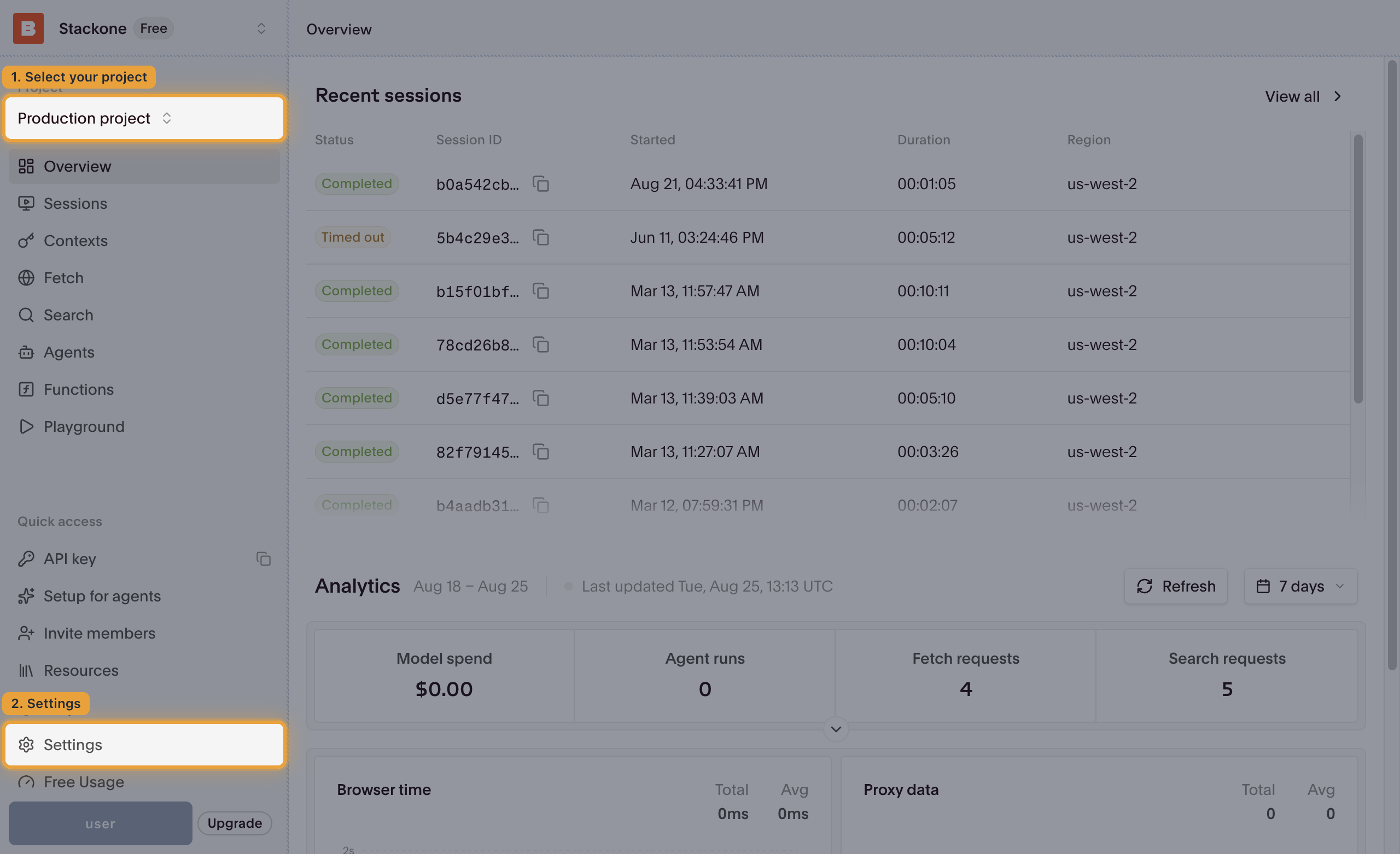 The Browserbase dashboard sidebar with the project switcher and the Settings link highlighted.