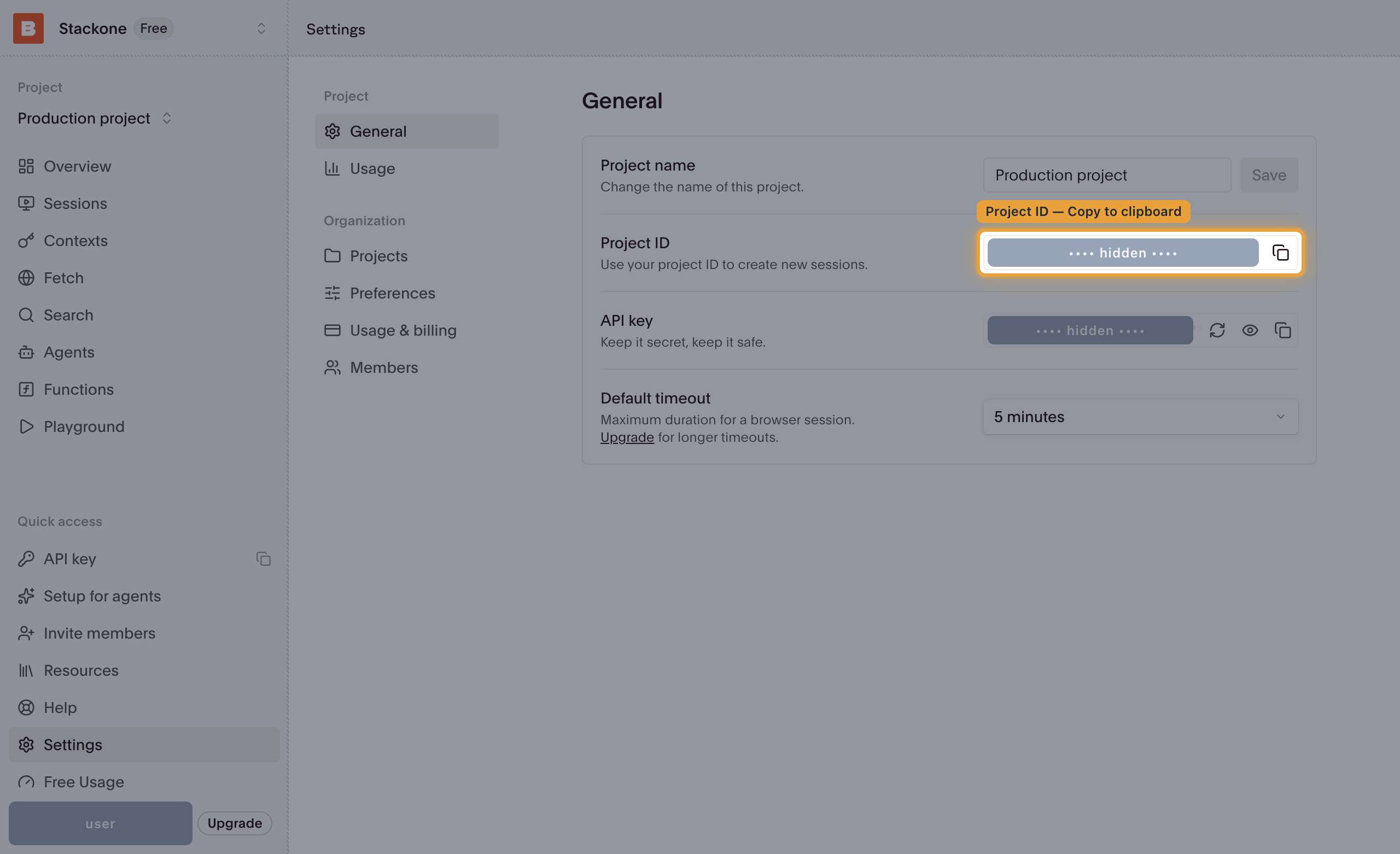 The Settings General page with the Project ID field and its copy button highlighted.