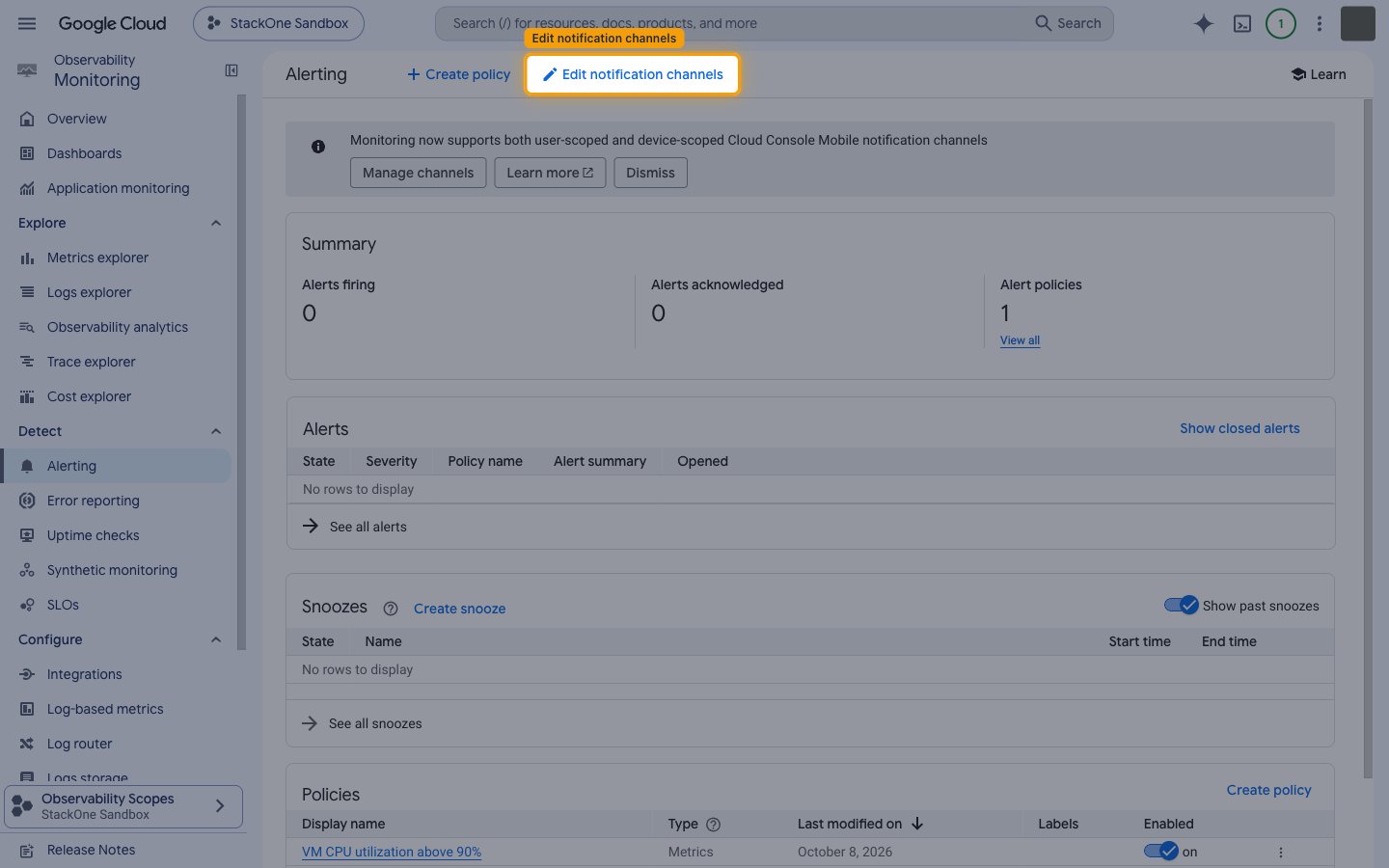 Alerting page in the Google Cloud console with the Edit notification channels button highlighted.