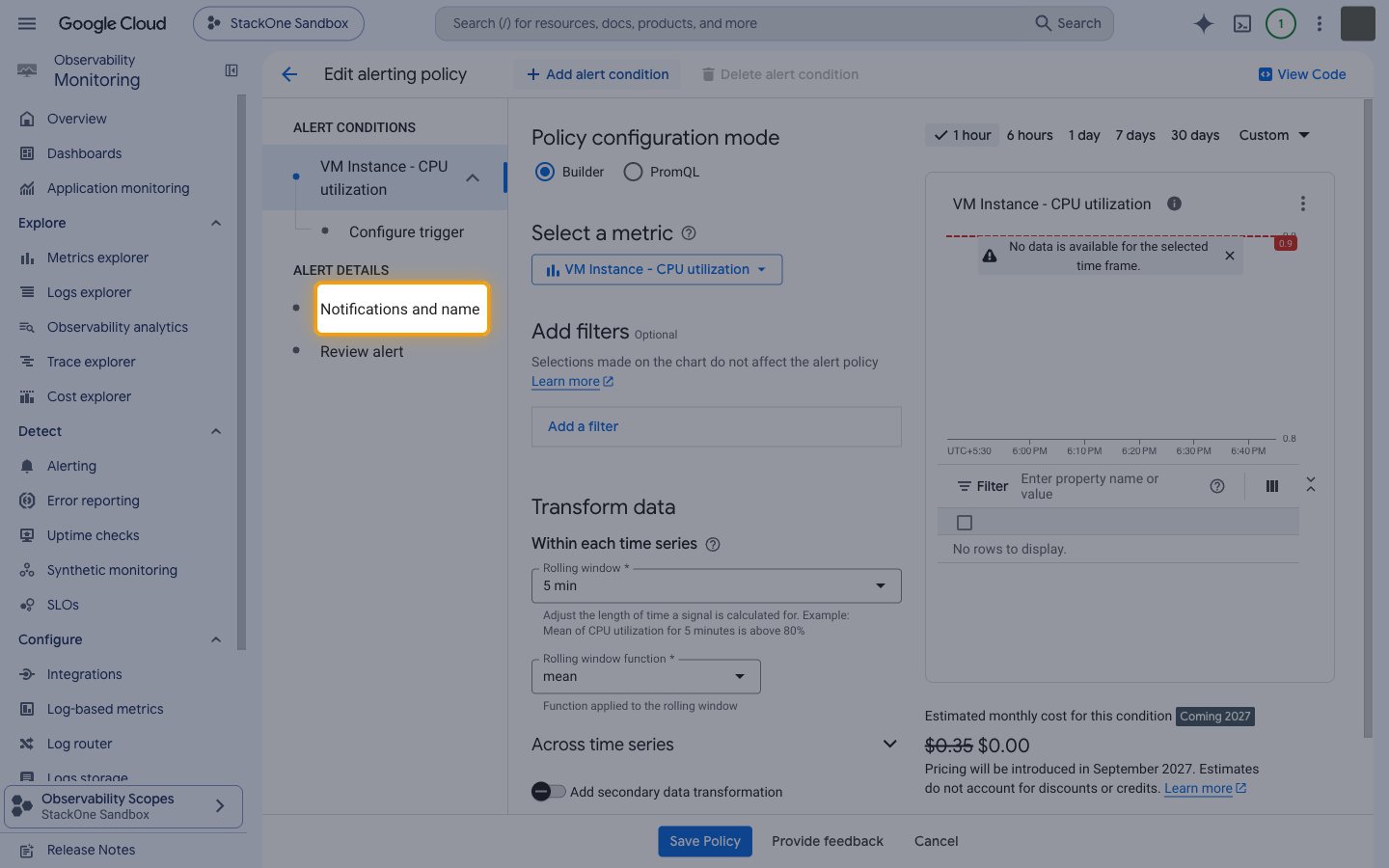 Edit alerting policy page with the Notifications and name step highlighted in the left-hand list.