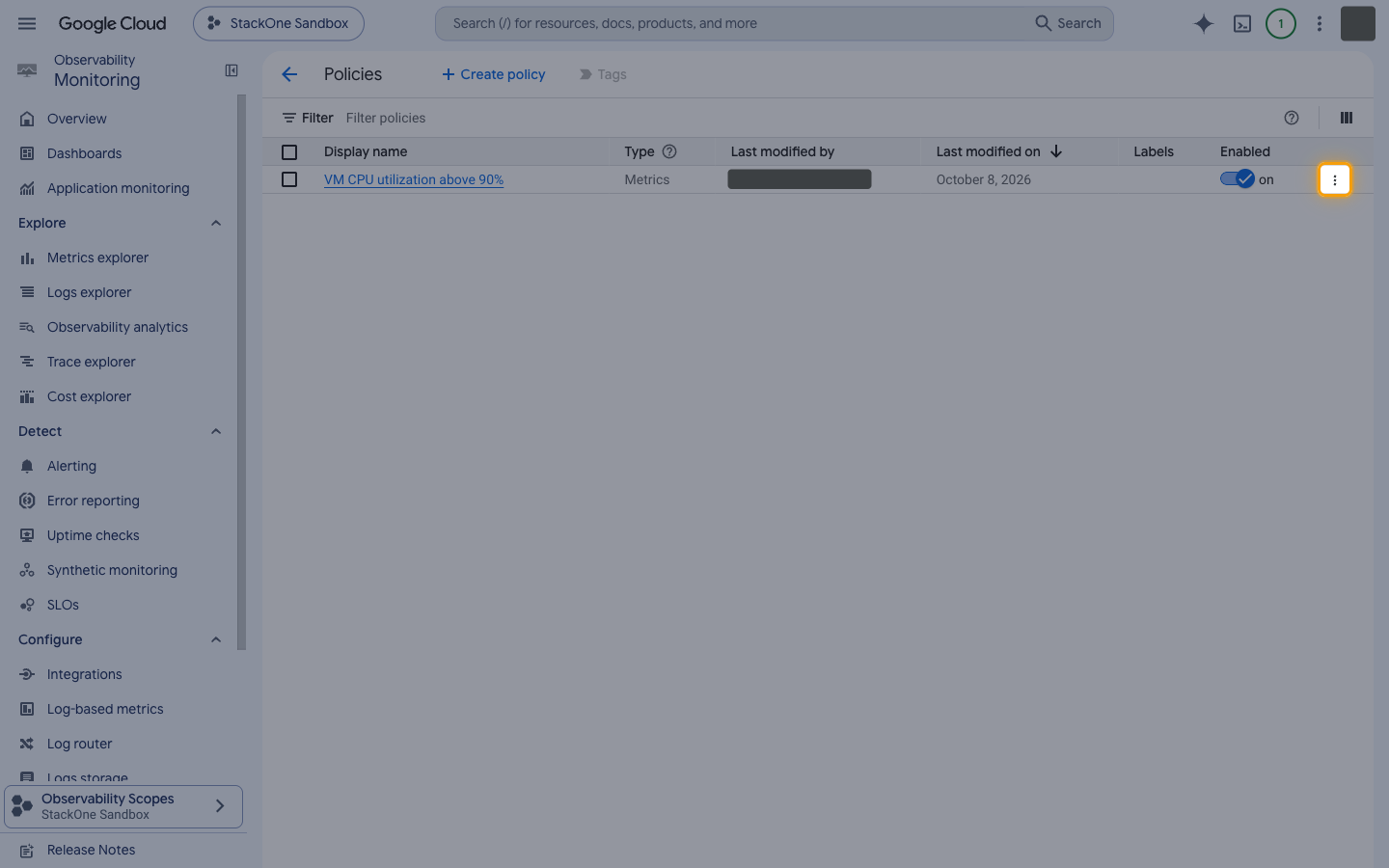 Policies page with the View actions three-dot button highlighted at the end of a policy row.