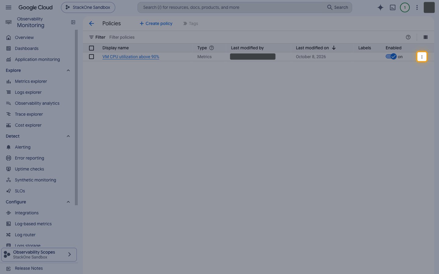 Policies page with the View actions three-dot button highlighted at the end of a policy row.
