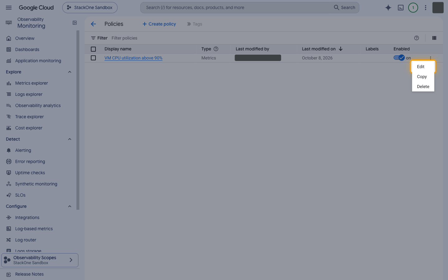 Policy actions menu open with the Edit item highlighted.