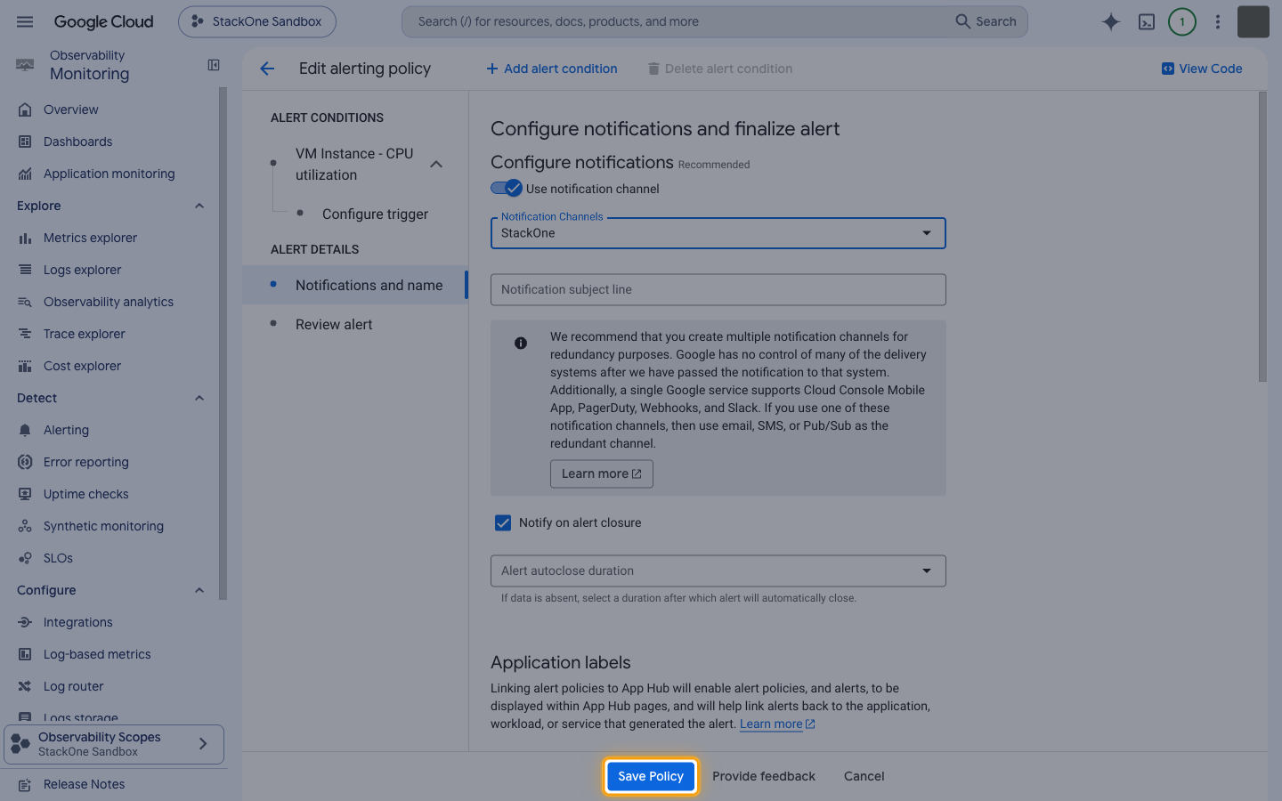 Bottom of the Edit alerting policy page with the Save Policy button highlighted.