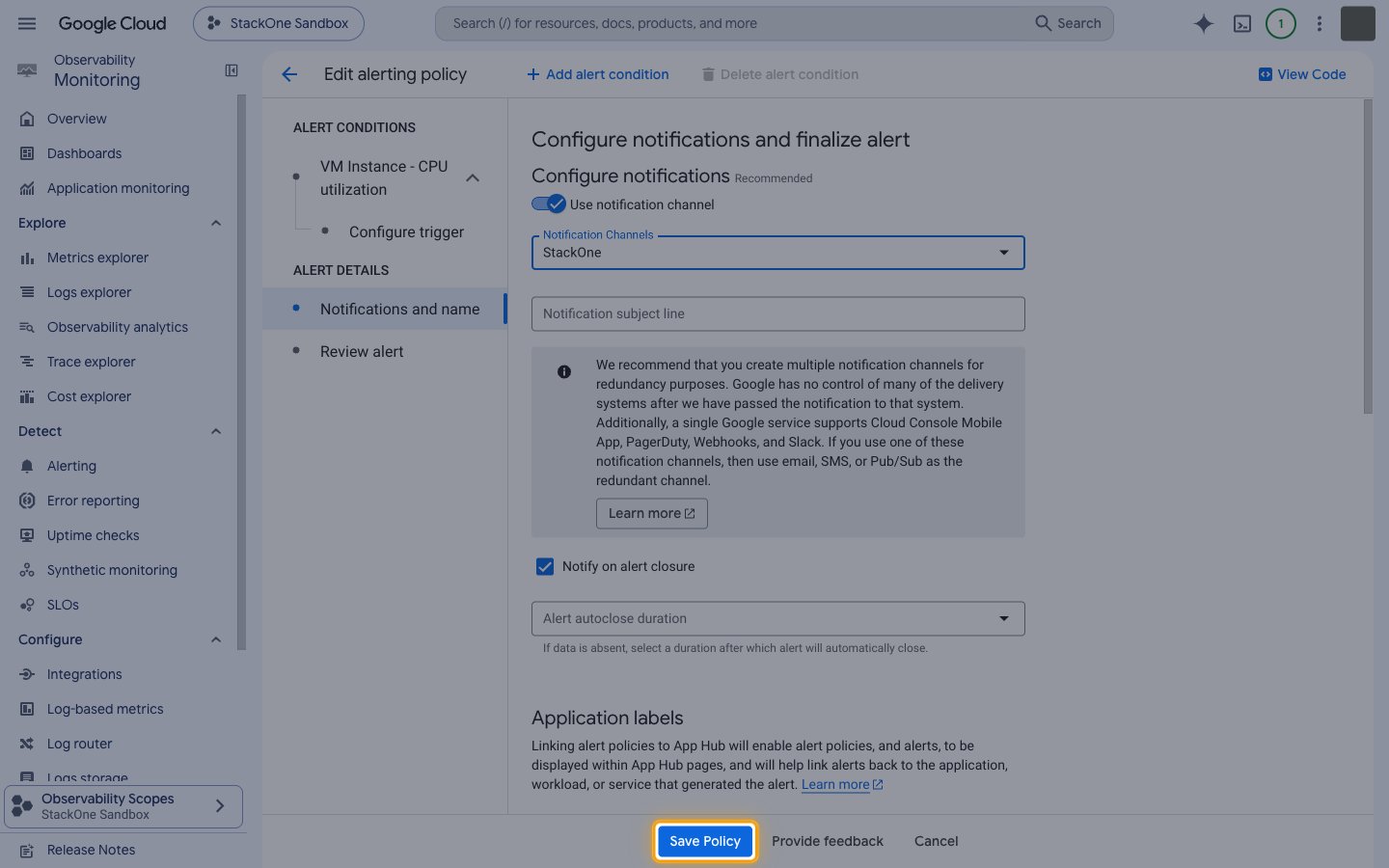 Bottom of the Edit alerting policy page with the Save Policy button highlighted.