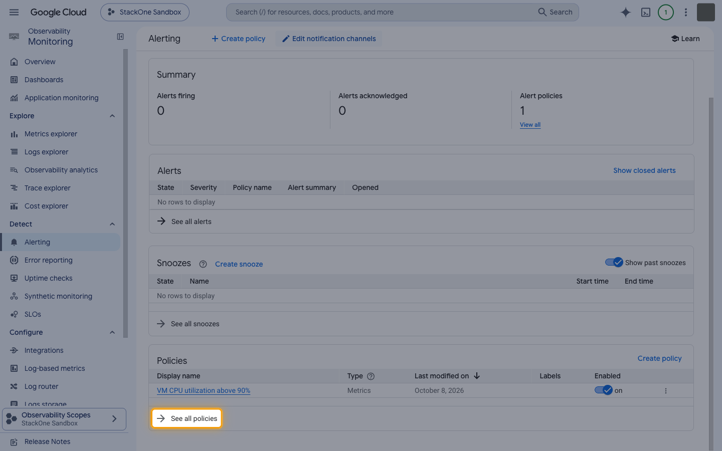 Alerting page with the See all policies link highlighted below the Policies table.