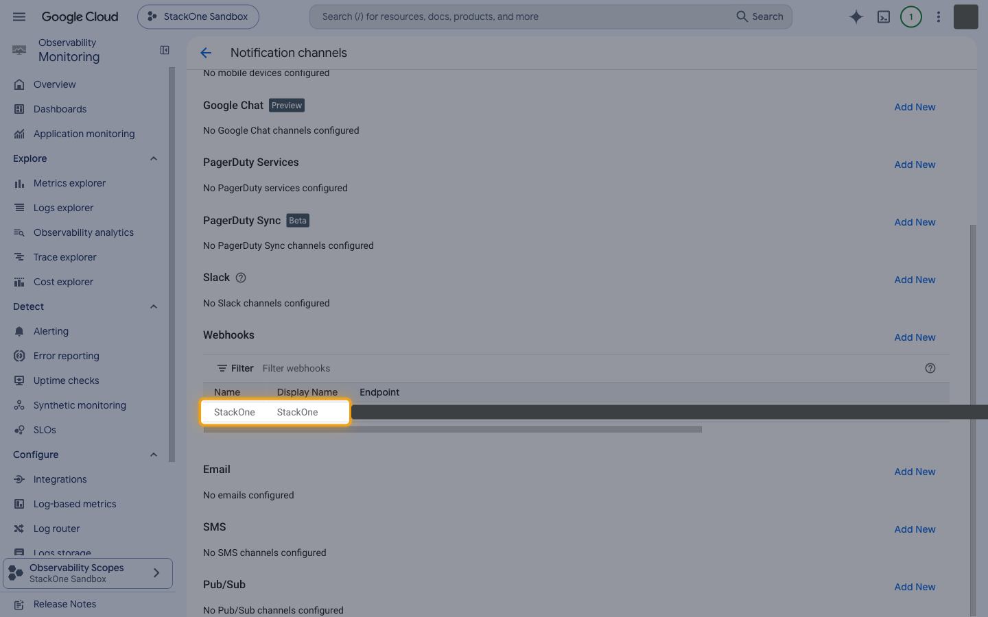Notification channels page with the StackOne row highlighted in the Webhooks section and its Endpoint value hidden.
