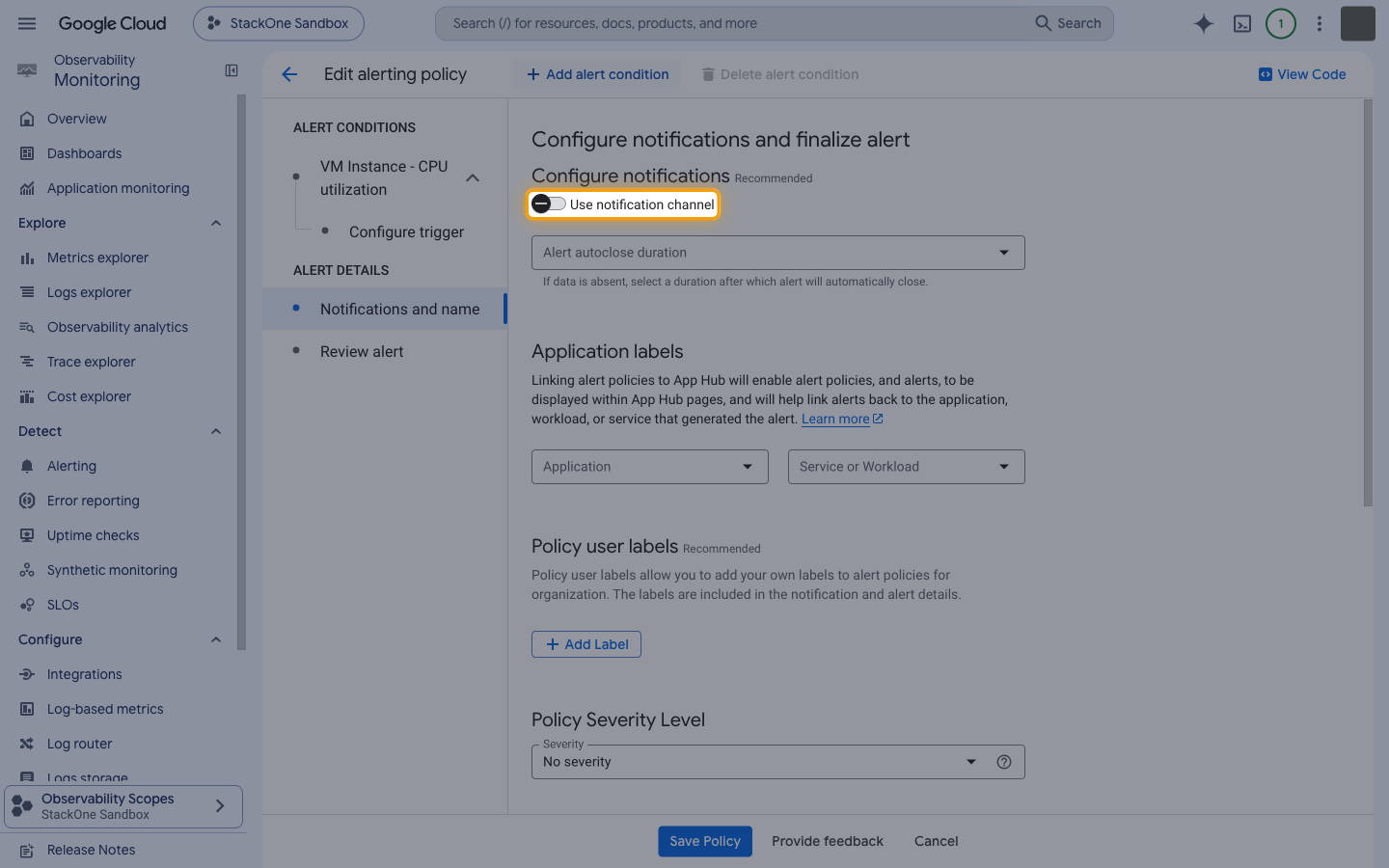 Configure notifications section with the Use notification channel switch highlighted.