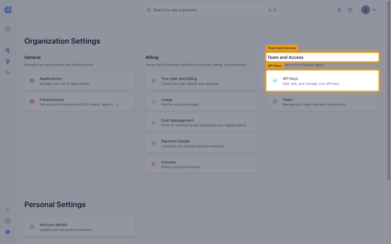 Algolia Organization Settings page with API Keys highlighted under the Team and Access section