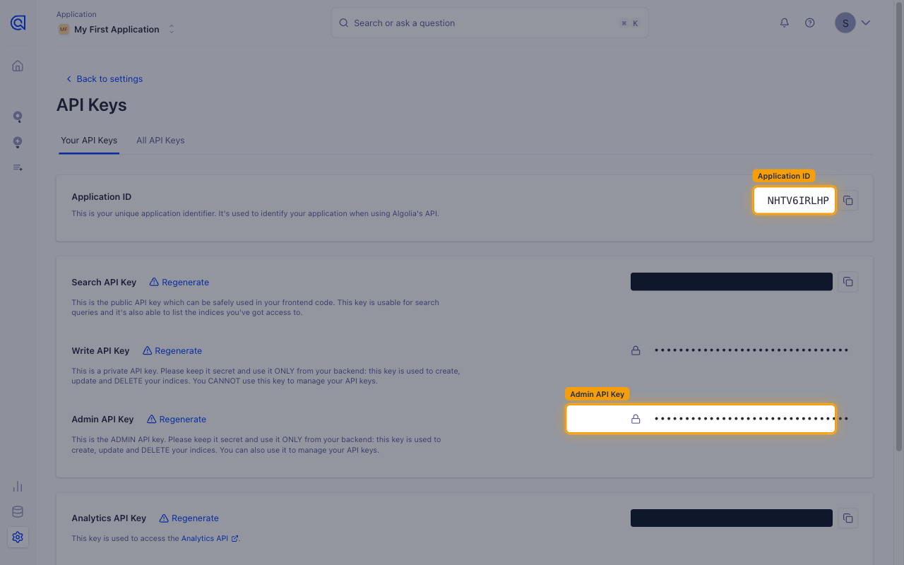 Algolia API Keys page showing the Application ID and the Admin API Key row with a lock icon