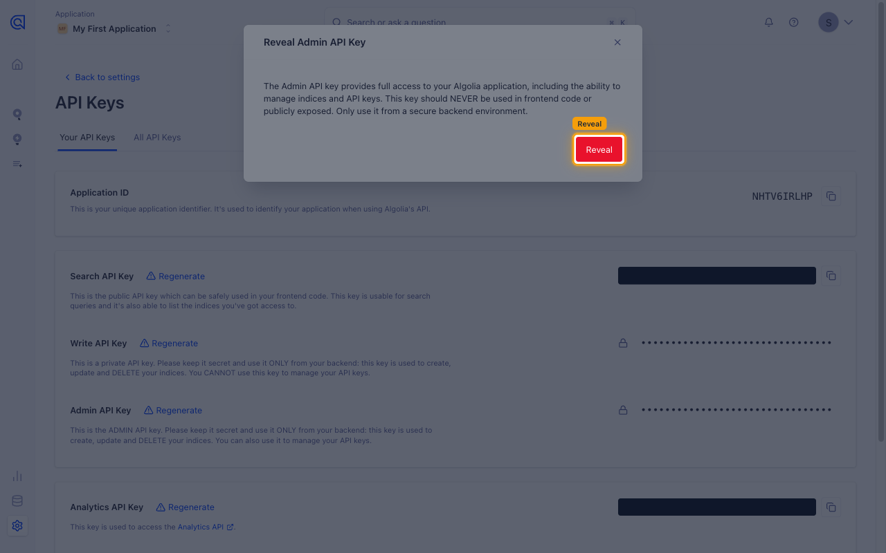 Algolia Reveal Admin API Key confirmation dialog with a security warning and the Reveal button