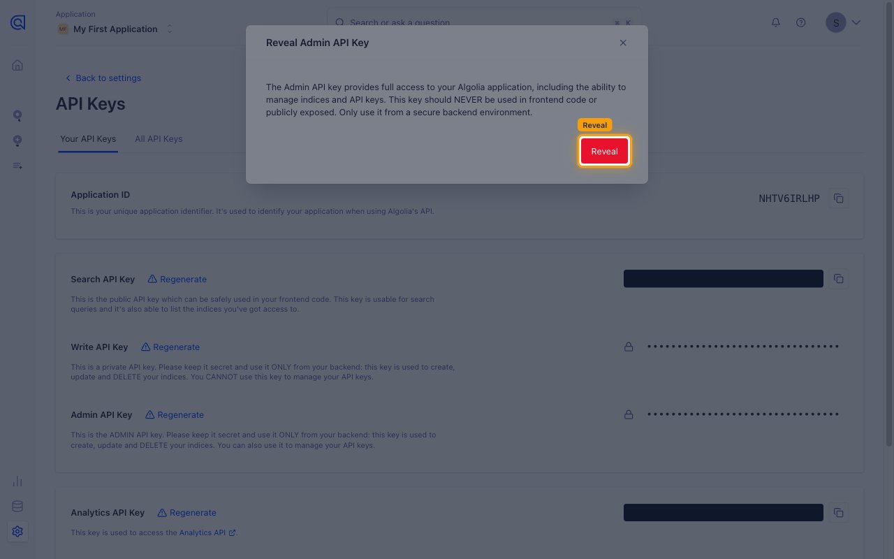 Algolia Reveal Admin API Key confirmation dialog with a security warning and the Reveal button