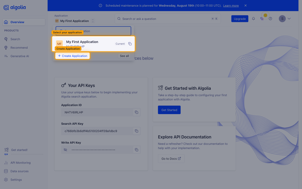 Algolia dashboard application selector showing the application list and the Create Application option