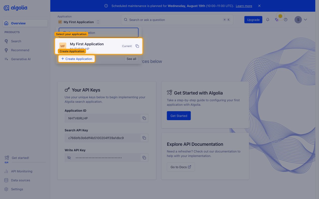 Algolia dashboard application selector showing the application list and the Create Application option